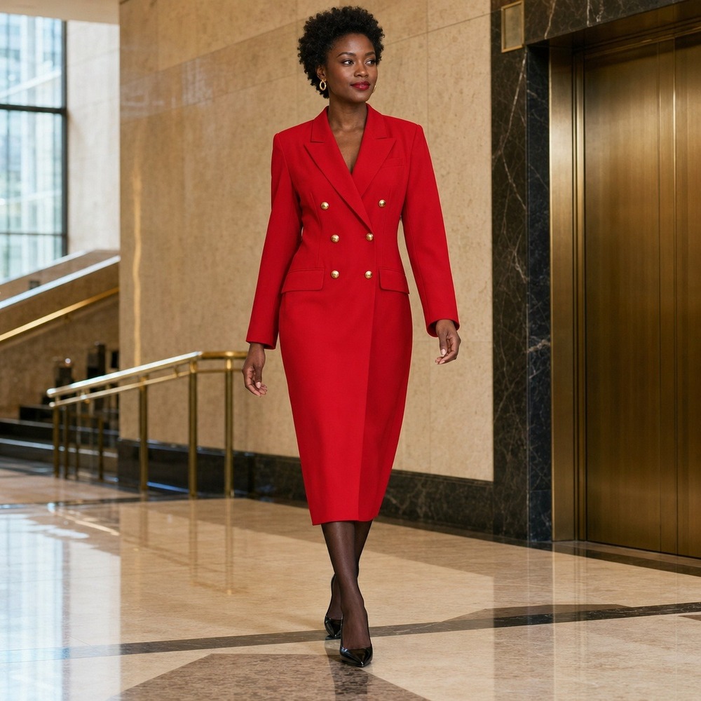 Vintage Kasper ASL Blazer Dress Womens SZ 10 Red Double Breasted Gold Buttons